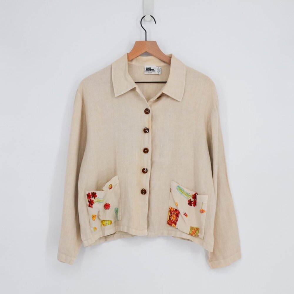 Vintage Kiko Linen Jacket Natural Light Beige Womens One Size Art To Wear Boho